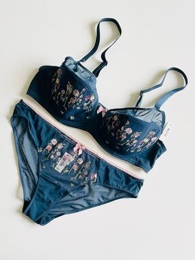 NWT Adore Me 42DD 0X blue floral embroidered bra set with panties